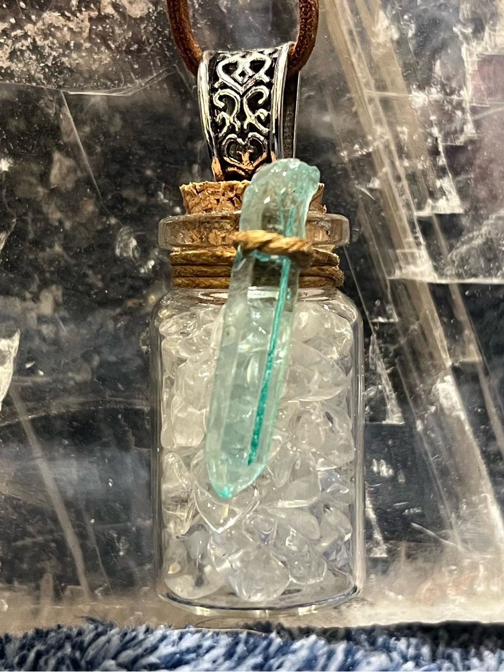 Handcrafted Clear Glass Bottle Pendant Clear Quartz with Aqua Aura Quartz